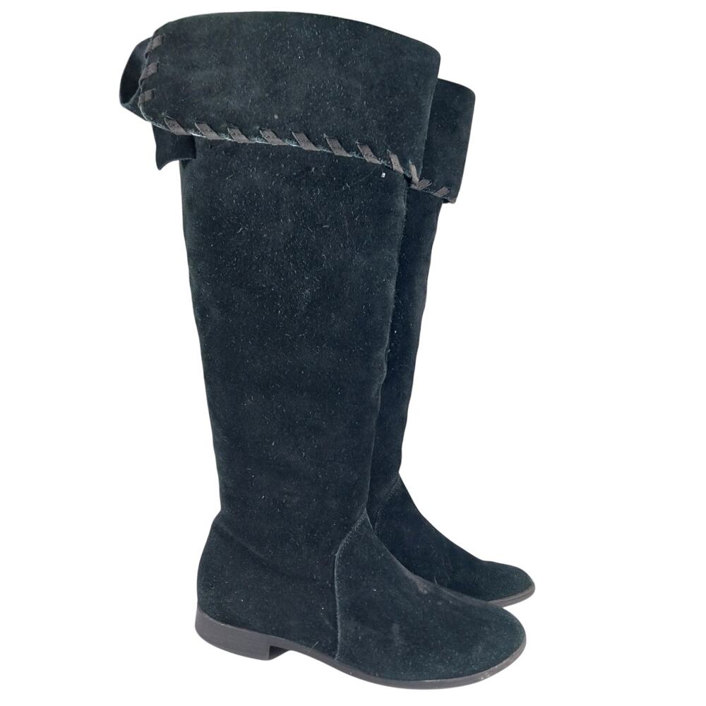 A.N.A.! BLACK GENUINE SUEDE LEATHER FOLDOVER TOP BOHO CHIC W/BOW BOOTS! SZ 8M